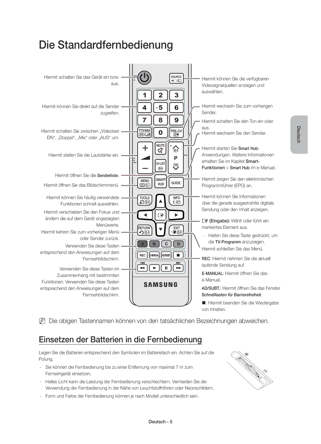 Samsung UE65JU7000TXXC, UE40JU7000LXXH manual Die Standardfernbedienung, Einsetzen der Batterien in die Fernbedienung 