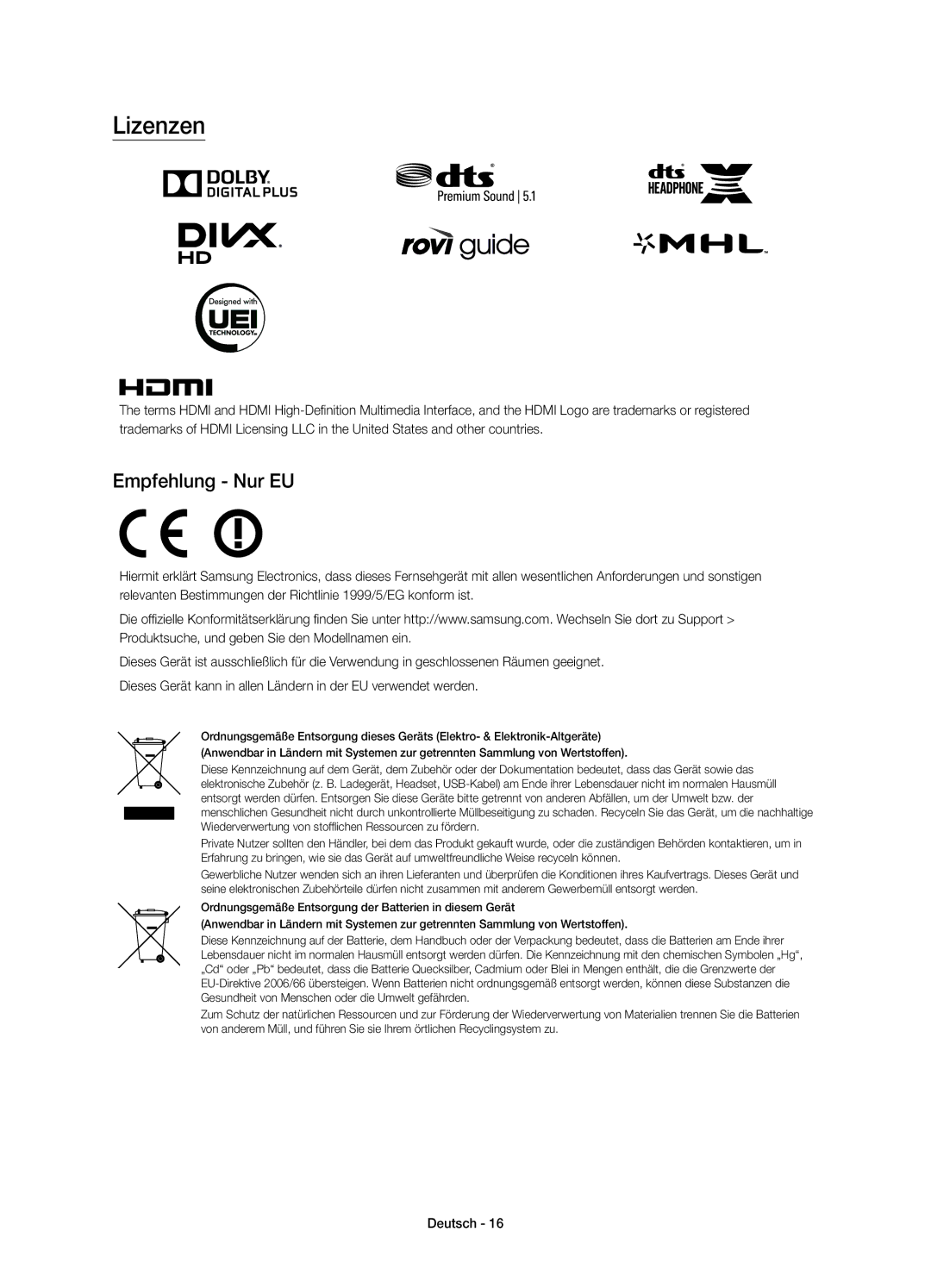 Samsung UE40JU7000LXXH, UE55JU7000LXXH, UE48JU7000LXXH, UE65JU7000LXXH, UE40JU7000TXZF manual Lizenzen, Empfehlung Nur EU 