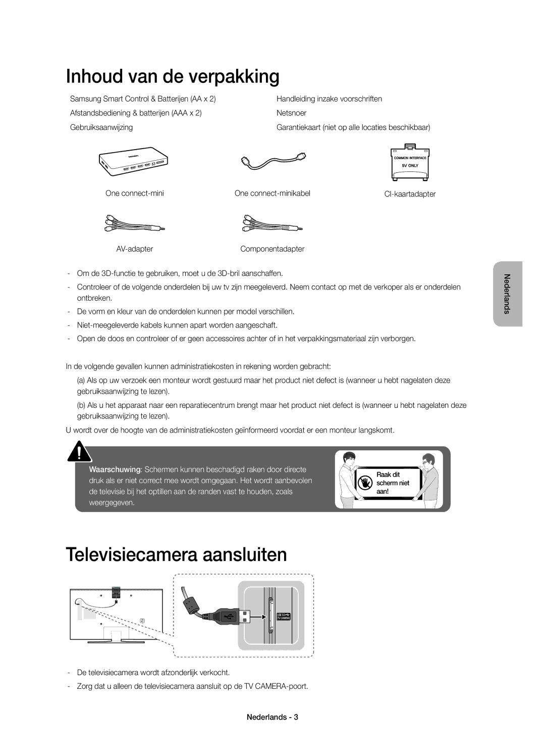 Samsung UE65JU7000LXXH manual Inhoud van de verpakking, Televisiecamera aansluiten, One connect-mini One connect-minikabel 