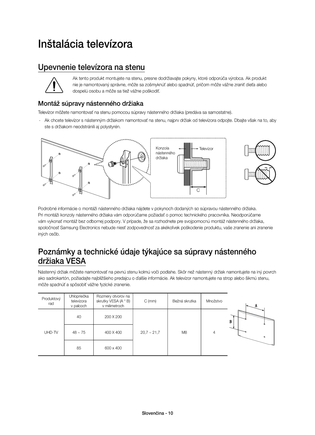 Samsung UE48JU7000LXXN manual Inštalácia televízora, Upevnenie televízora na stenu, Montáž súpravy nástenného držiaka 