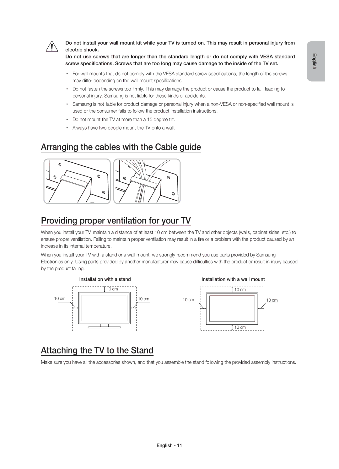 Samsung UE65JU7002TXXH manual Attaching the TV to the Stand, Installation with a stand, Installation with a wall mount 