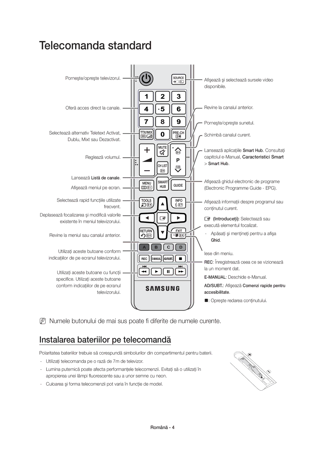 Samsung UE65JU7000LXXN, UE40JU7000LXXH manual Telecomanda standard, Instalarea bateriilor pe telecomandă, Reglează volumul 