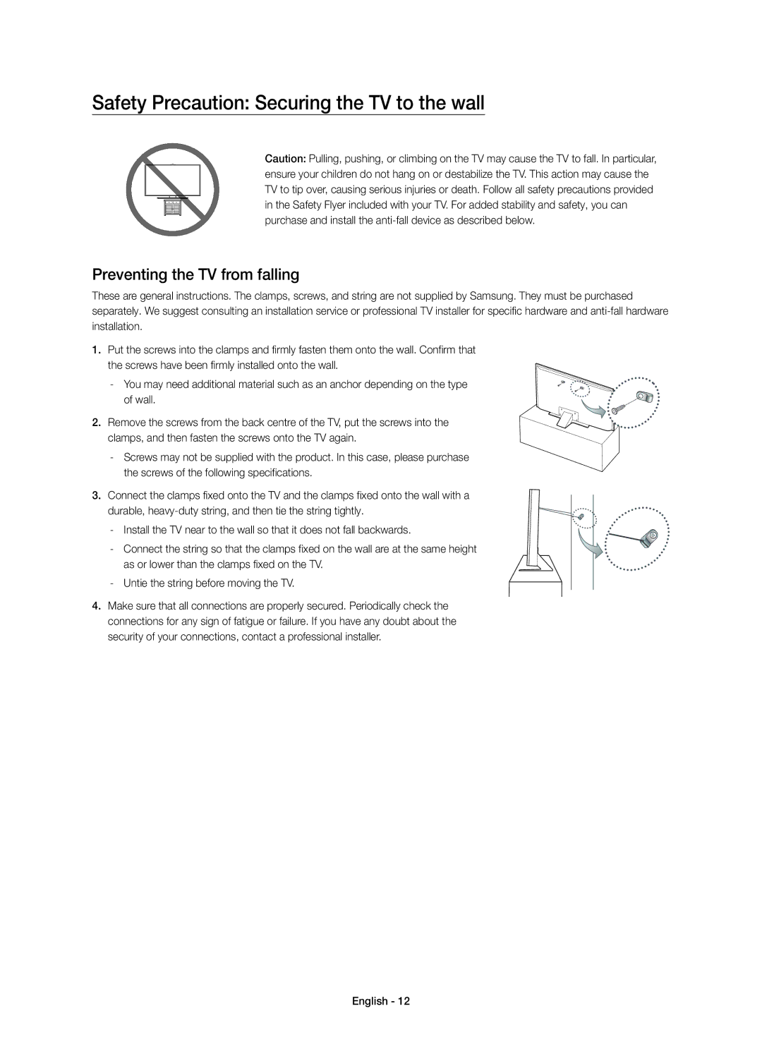 Samsung UE75JU7000LXXH, UE40JU7000LXXH manual Safety Precaution Securing the TV to the wall, Preventing the TV from falling 