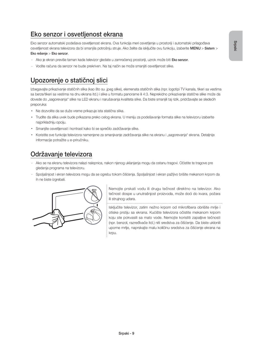 Samsung UE85JU7000LXXN manual Eko senzor i osvetljenost ekrana, Upozorenje o statičnoj slici, Održavanje televizora 