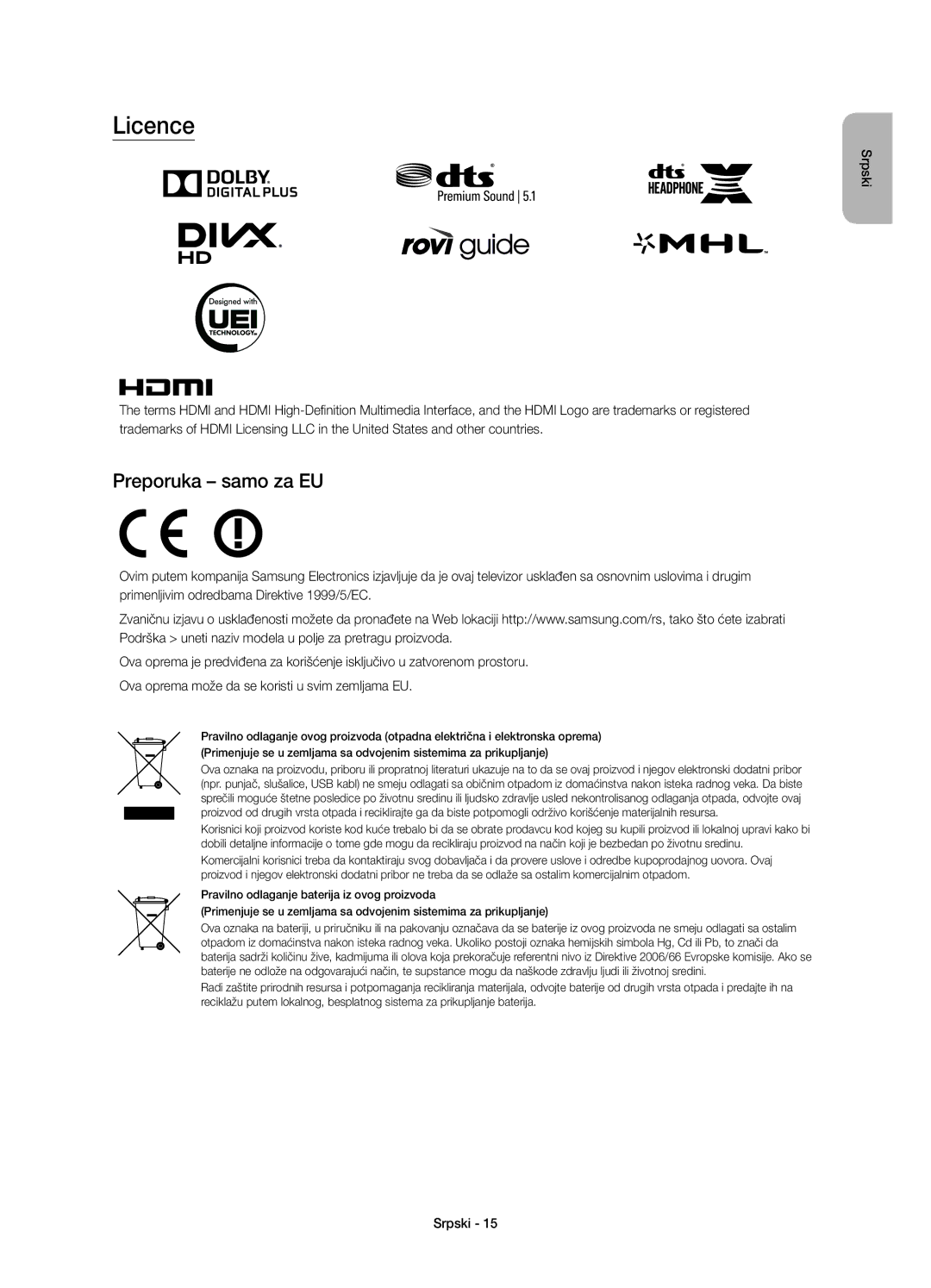 Samsung UE55JU7000LXXN, UE40JU7000LXXH, UE55JU7000LXXH, UE48JU7000LXXH, UE65JU7000LXXH, UE40JU7000LXXN, UE48JU7000LXXN Licence 