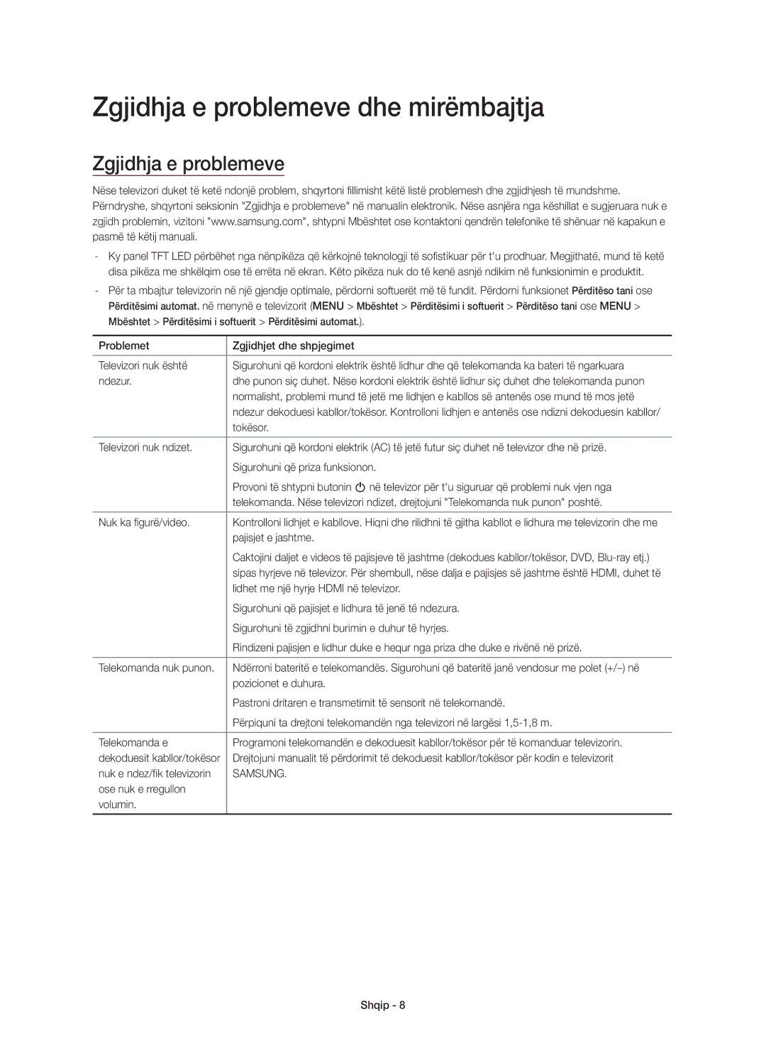 Samsung UE75JU7000LXXH, UE40JU7000LXXH, UE55JU7000LXXH, UE48JU7000LXXH, UE65JU7000LXXH Zgjidhja e problemeve dhe mirëmbajtja 