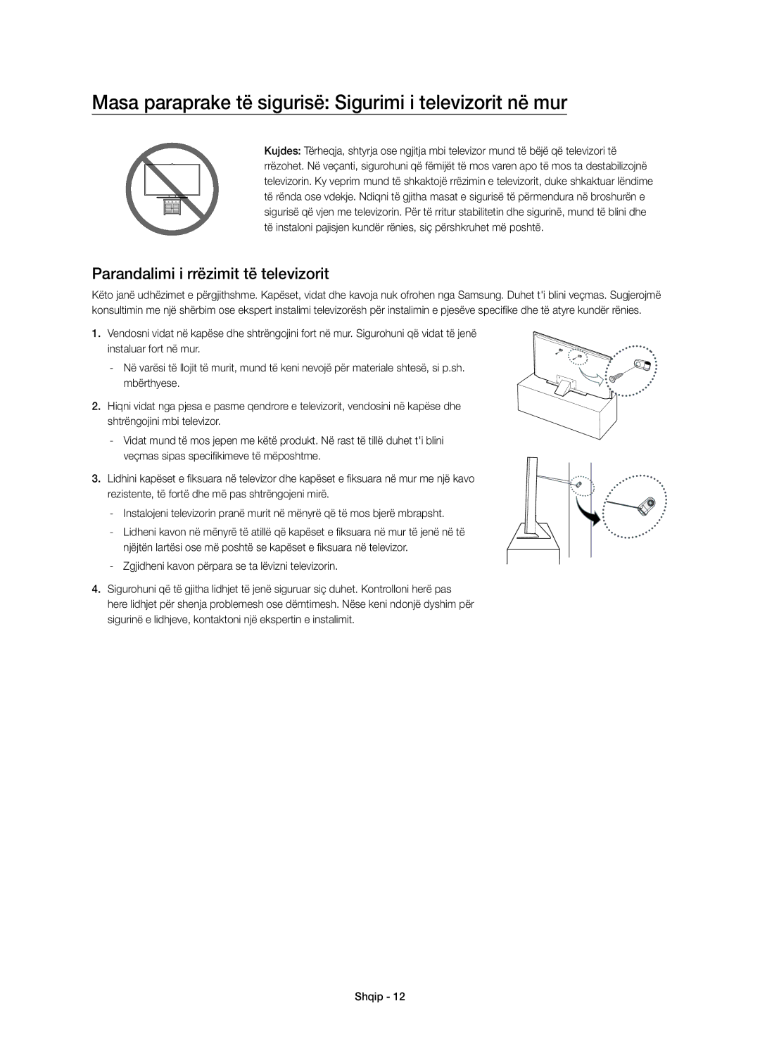 Samsung UE85JU7000LXXN Masa paraprake të sigurisë Sigurimi i televizorit në mur, Parandalimi i rrëzimit të televizorit 