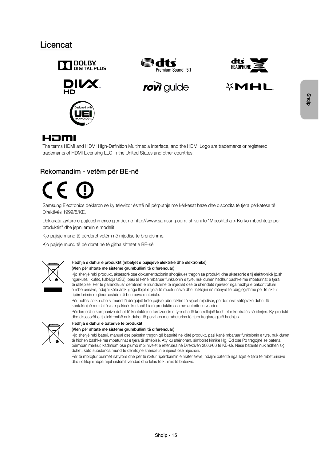 Samsung UE48JU7000LXXH, UE40JU7000LXXH, UE55JU7000LXXH, UE65JU7000LXXH, UE40JU7000LXXN Licencat, Rekomandim vetëm për BE-në 