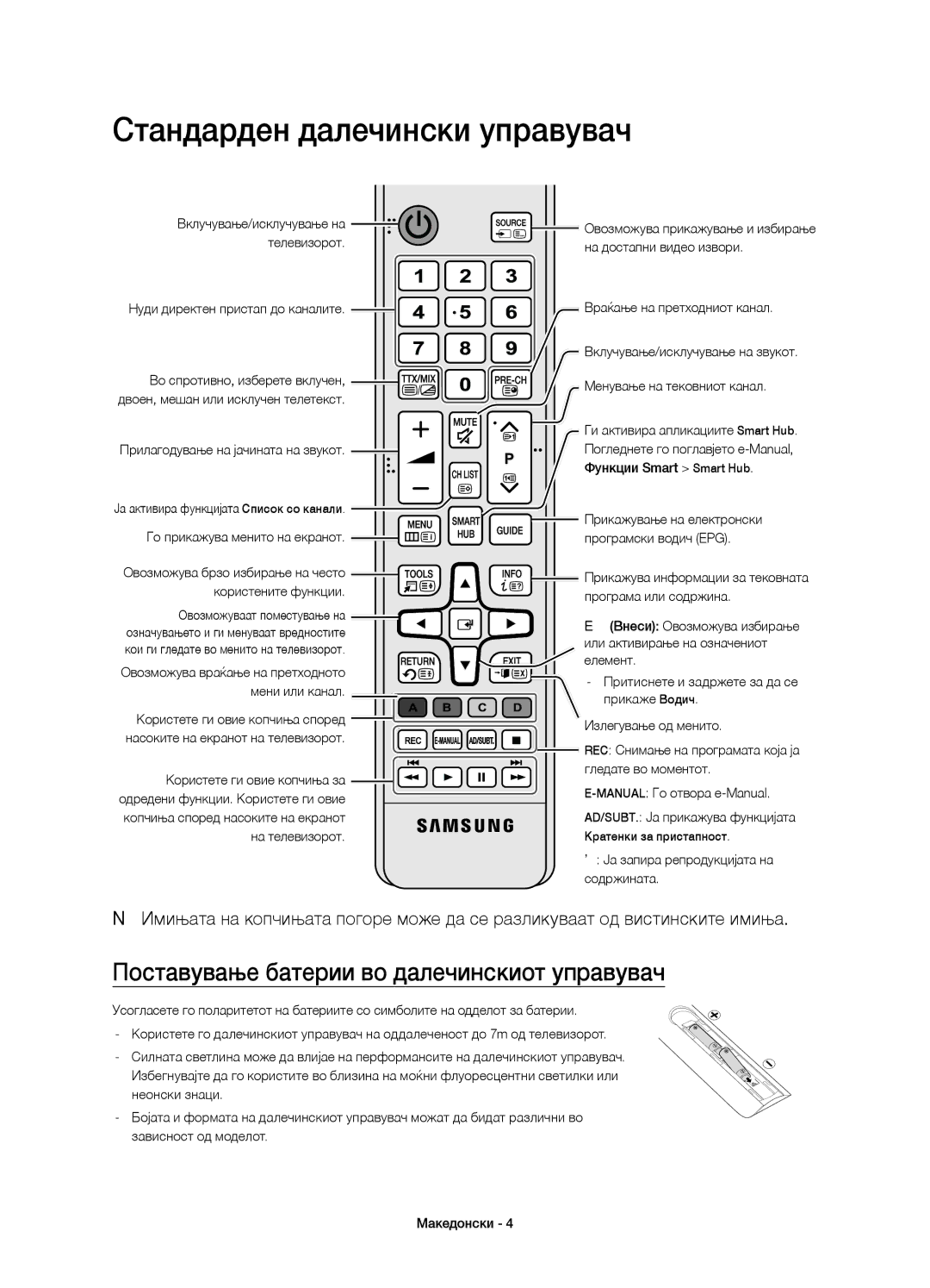 Samsung UE55JU7000LXXN, UE40JU7000LXXH manual Стандарден далечински управувач, Поставување батерии во далечинскиот управувач 