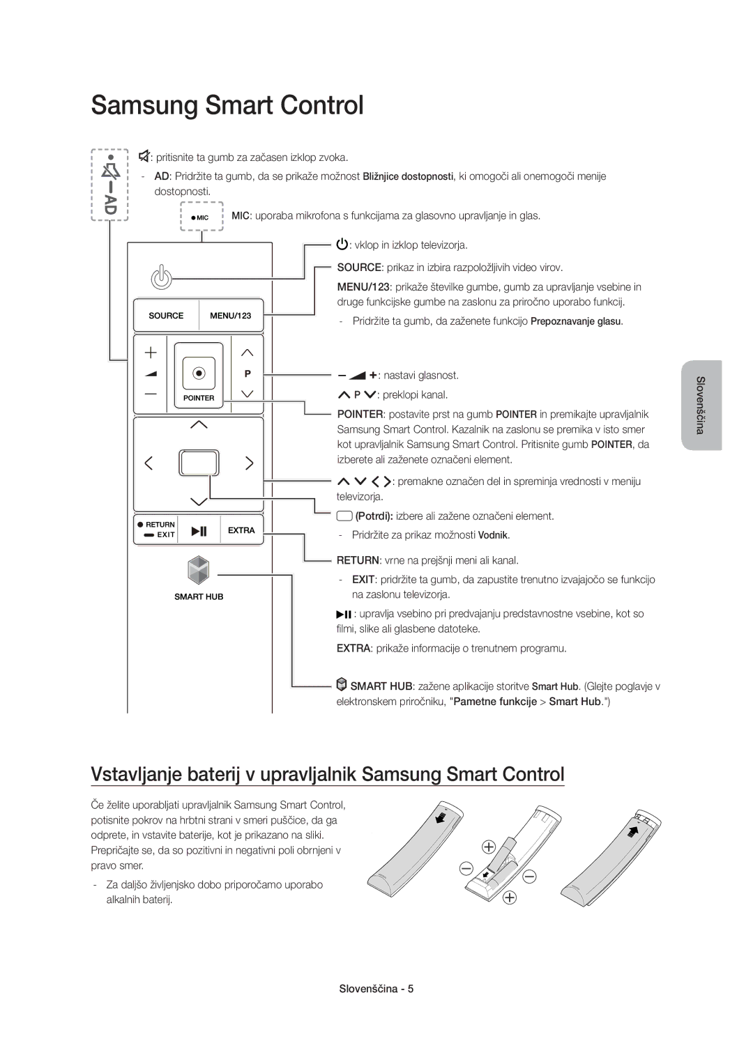 Samsung UE65JU7000LXXH, UE40JU7000LXXH, UE55JU7000LXXH manual Vstavljanje baterij v upravljalnik Samsung Smart Control 