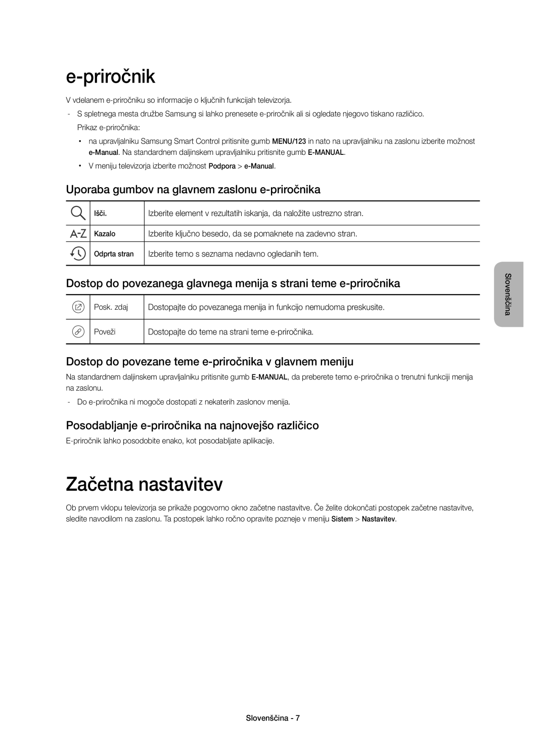 Samsung UE55JU7000LXXN, UE40JU7000LXXH manual Priročnik, Začetna nastavitev, Uporaba gumbov na glavnem zaslonu e-priročnika 