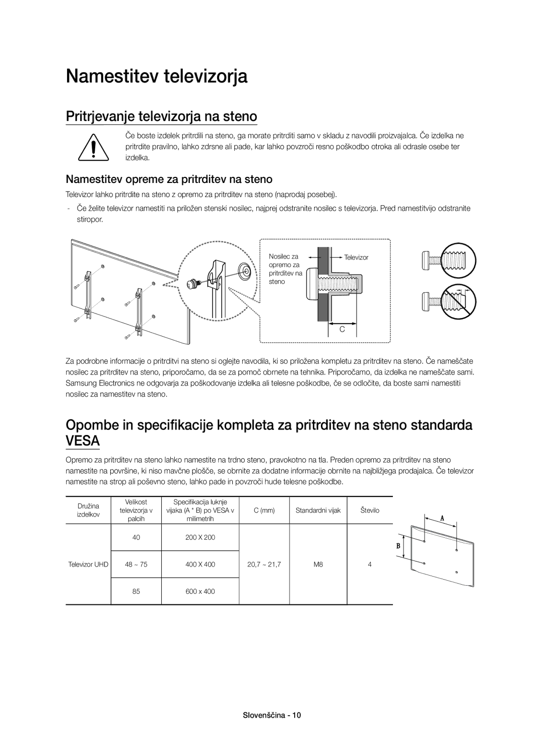 Samsung UE55JU7002TXXH Namestitev televizorja, Pritrjevanje televizorja na steno, Namestitev opreme za pritrditev na steno 