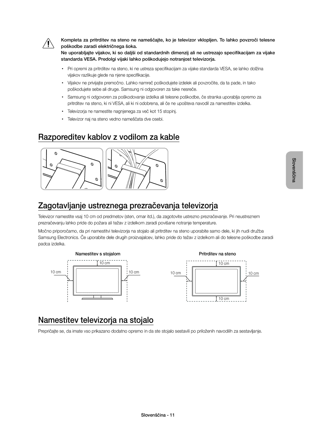 Samsung UE48JU7002TXXH manual Razporeditev kablov z vodilom za kable, Zagotavljanje ustreznega prezračevanja televizorja 