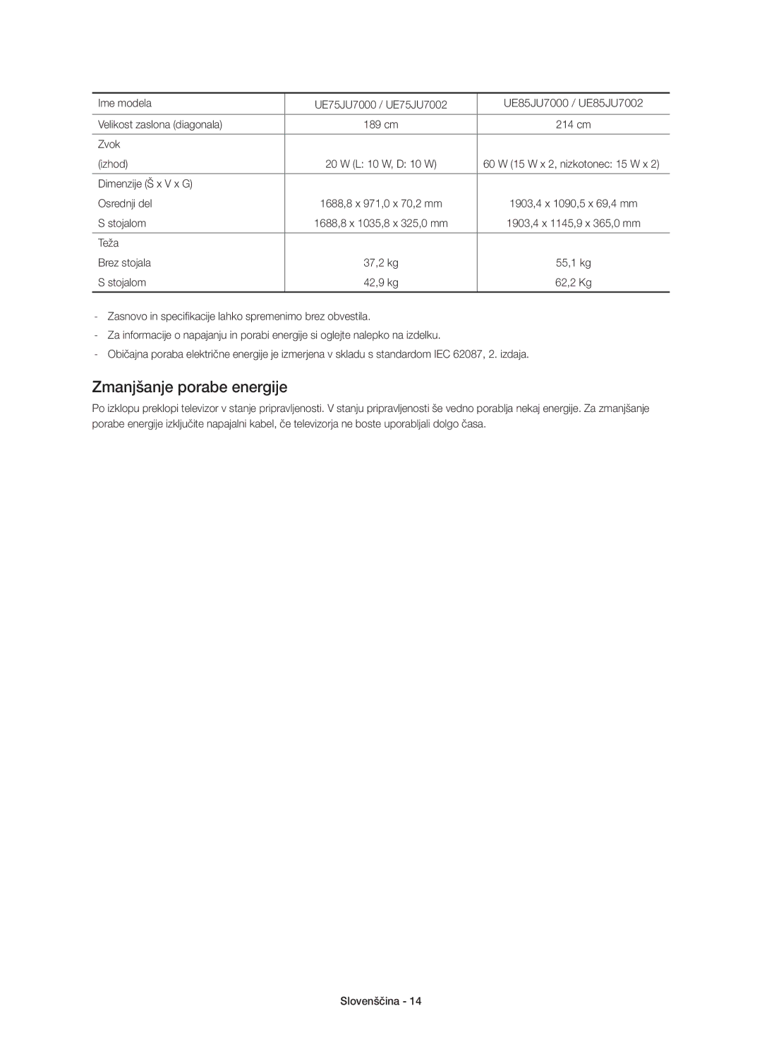 Samsung UE75JU7000LXXH, UE40JU7000LXXH, UE55JU7000LXXH, UE48JU7000LXXH, UE65JU7000LXXH manual Zmanjšanje porabe energije 