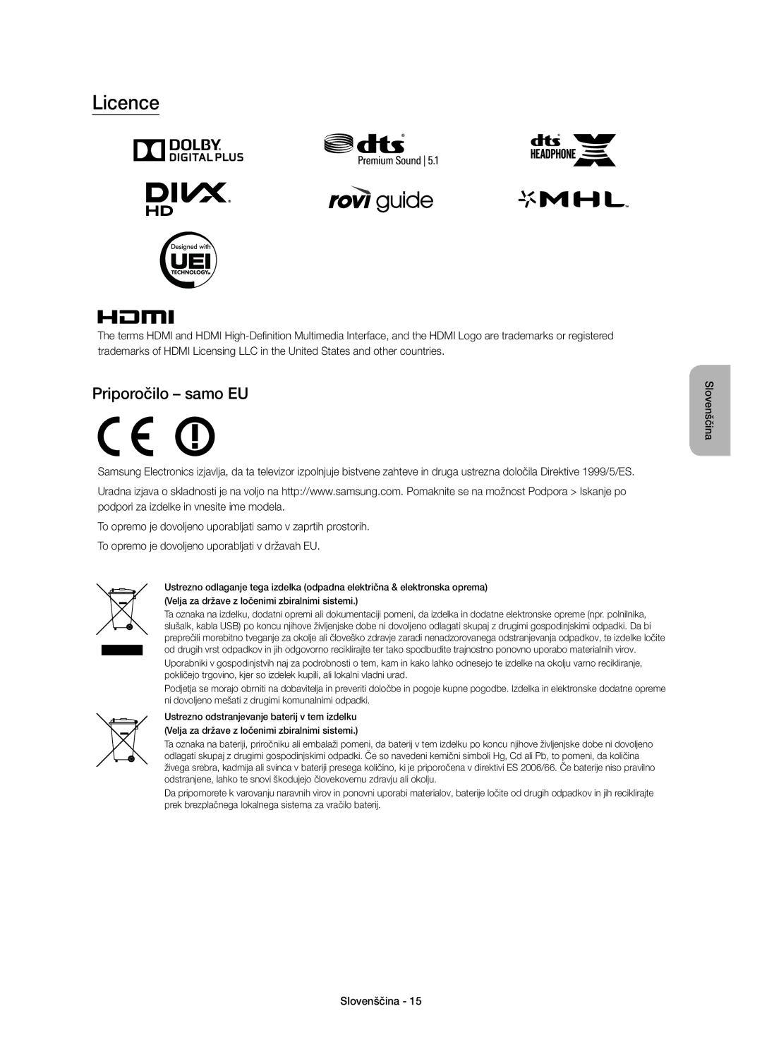 Samsung UE85JU7000LXXH, UE40JU7000LXXH, UE55JU7000LXXH, UE48JU7000LXXH, UE65JU7000LXXH manual Licence, Priporočilo samo EU 