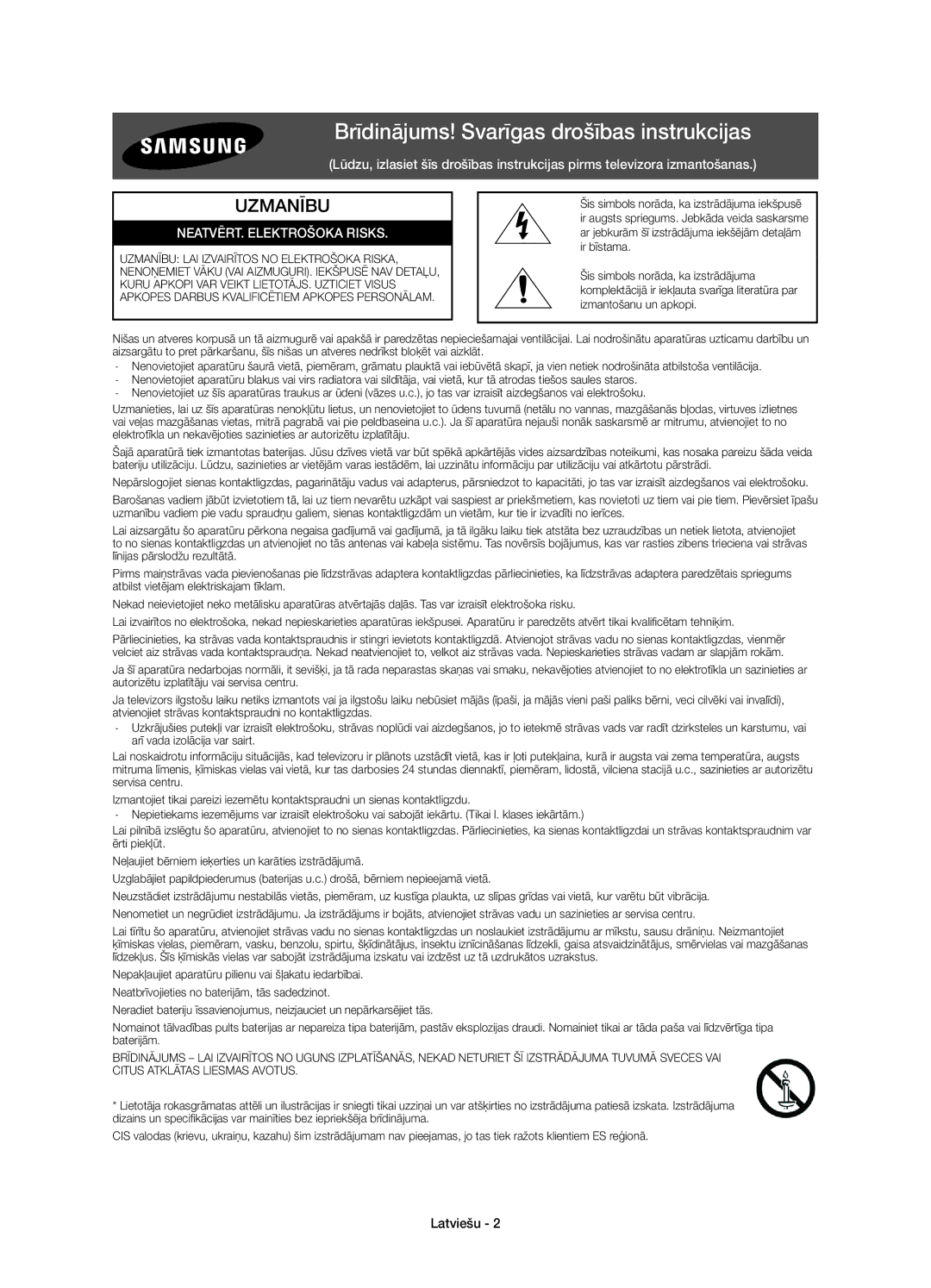 Samsung UE65JU7000LXXN, UE40JU7000LXXH Brīdinājums! Svarīgas drošības instrukcijas, NEATVĒRT. Elektrošoka Risks, Latviešu 