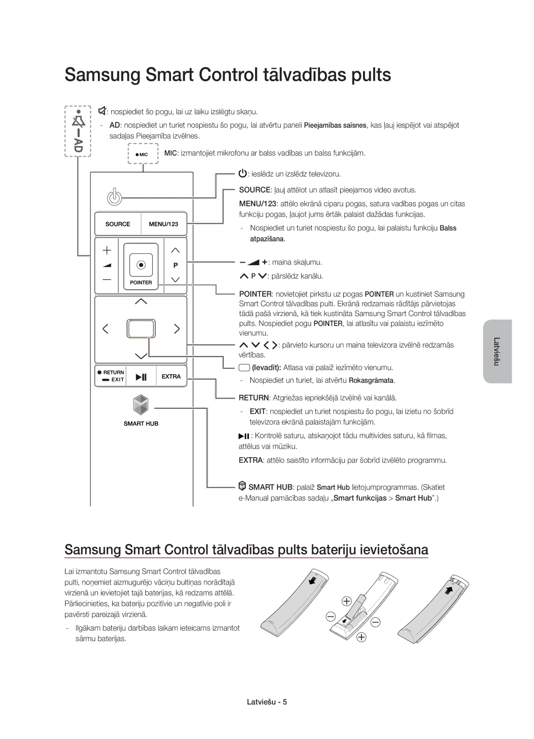 Samsung UE40JU7000LXXH, UE55JU7000LXXH, UE48JU7000LXXH manual Samsung Smart Control tālvadības pults bateriju ievietošana 