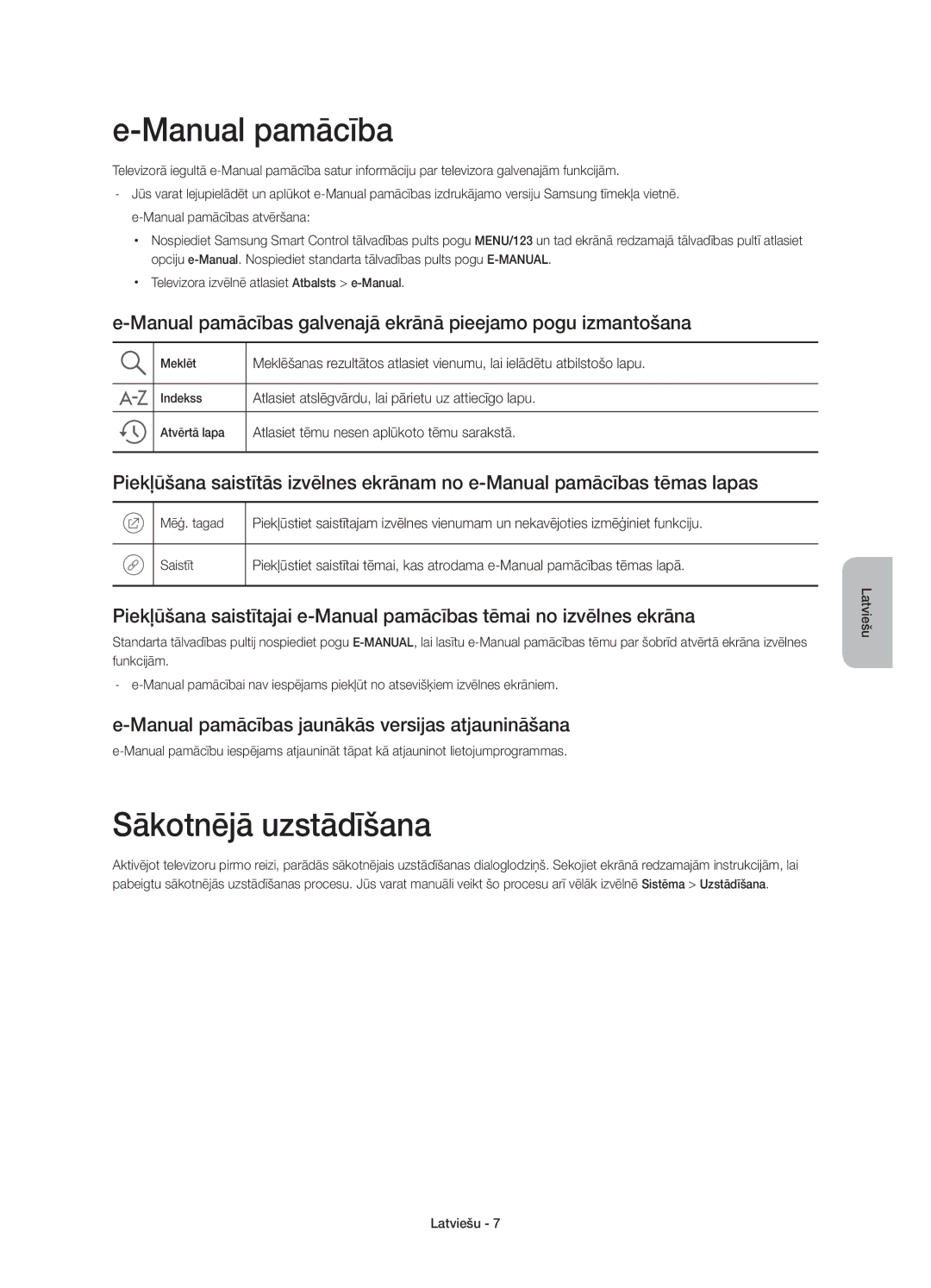 Samsung UE48JU7000LXXH manual Sākotnējā uzstādīšana, Manual pamācības galvenajā ekrānā pieejamo pogu izmantošana 