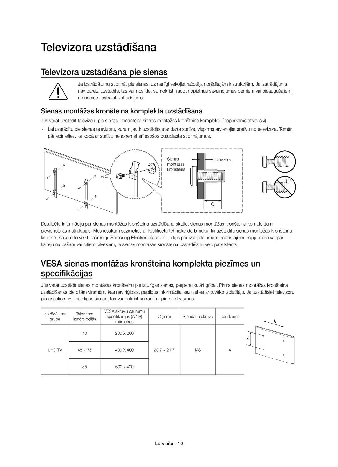 Samsung UE55JU7000LXXN manual Televizora uzstādīšana pie sienas, Sienas montāžas kronšteina komplekta uzstādīšana 