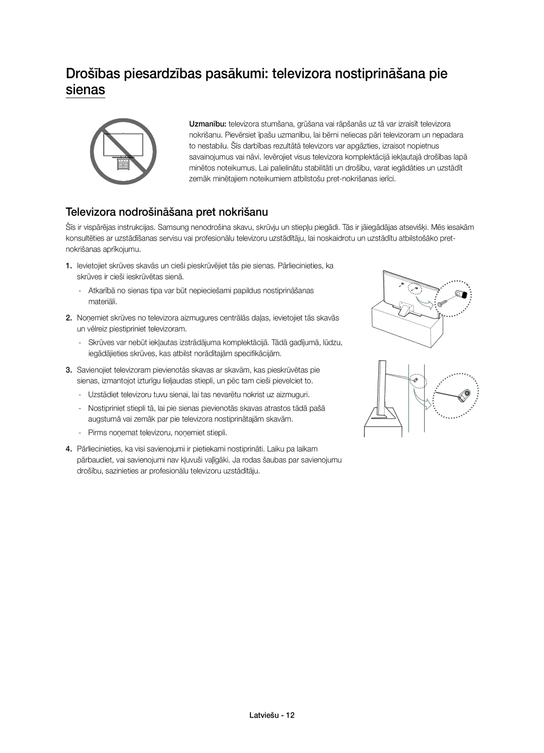 Samsung UE75JU7002TXXH, UE40JU7000LXXH, UE55JU7000LXXH, UE48JU7000LXXH manual Televizora nodrošināšana pret nokrišanu 