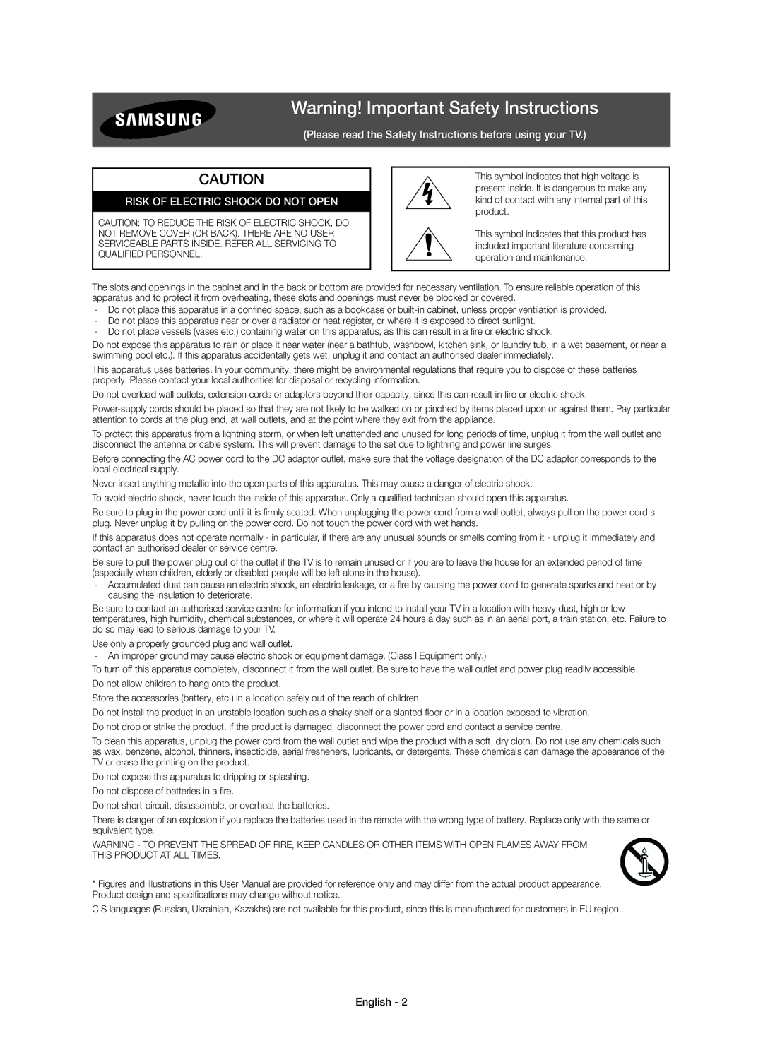 Samsung UE48JU7000LXXH, UE40JU7000LXXH, UE55JU7000LXXH, UE65JU7000LXXH manual Risk of Electric Shock do not Open, English 