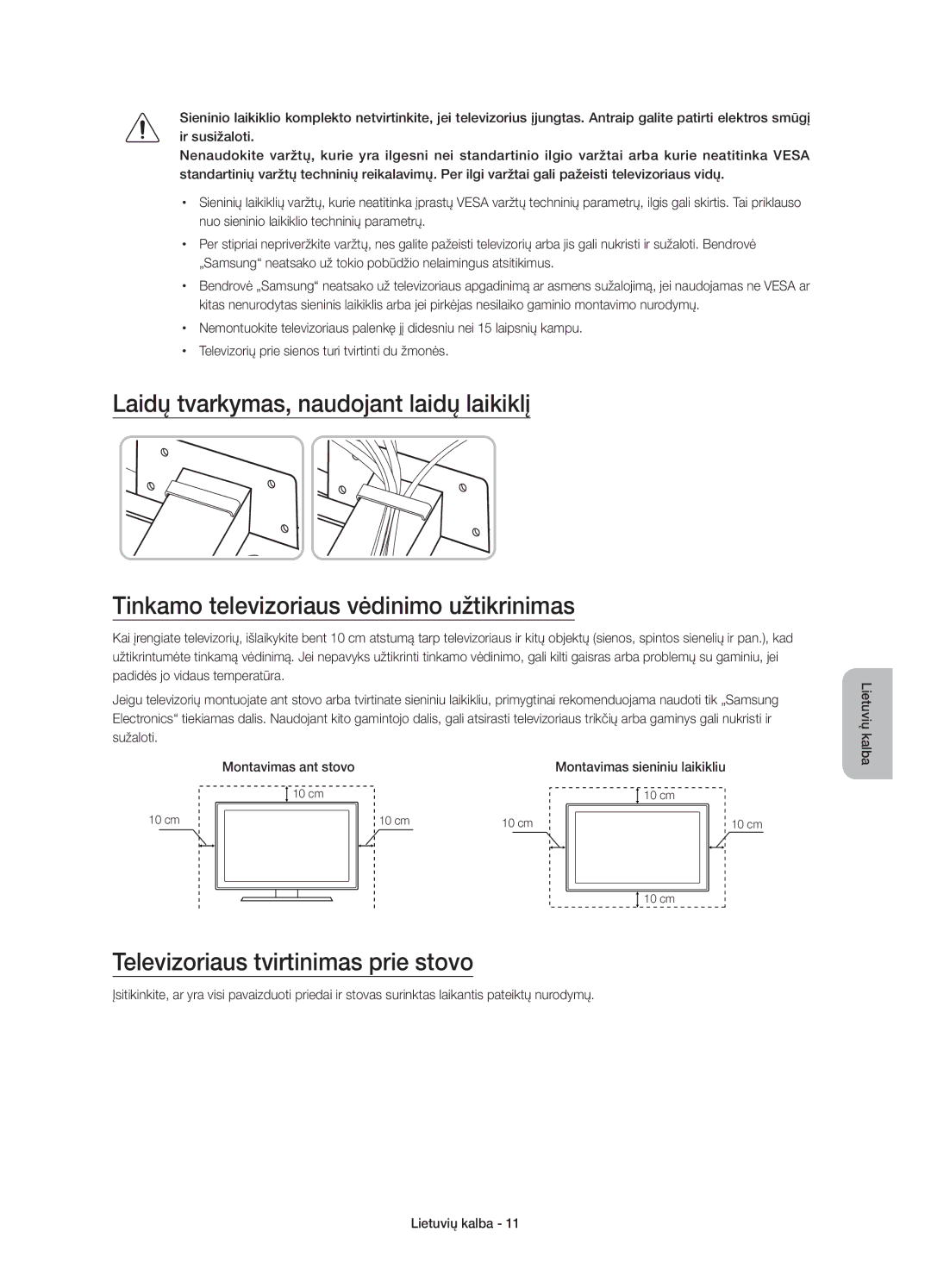 Samsung UE65JU7000LXXH manual Televizoriaus tvirtinimas prie stovo, Montavimas ant stovo, Montavimas sieniniu laikikliu 