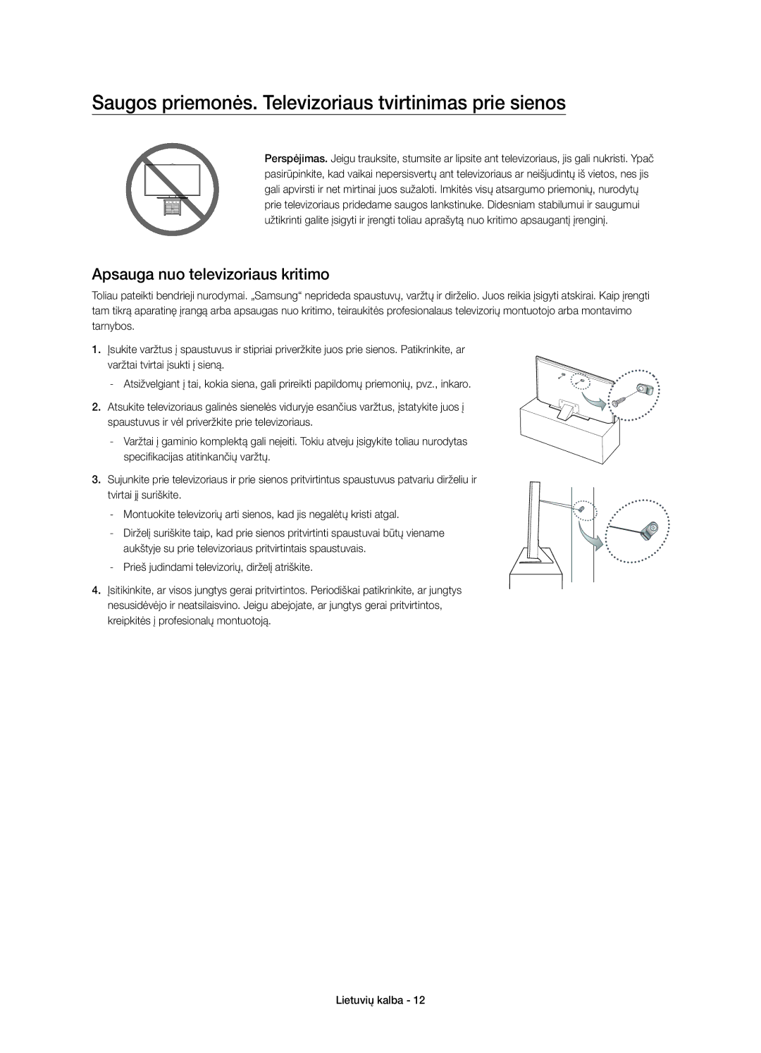 Samsung UE40JU7000LXXN manual Saugos priemonės. Televizoriaus tvirtinimas prie sienos, Apsauga nuo televizoriaus kritimo 