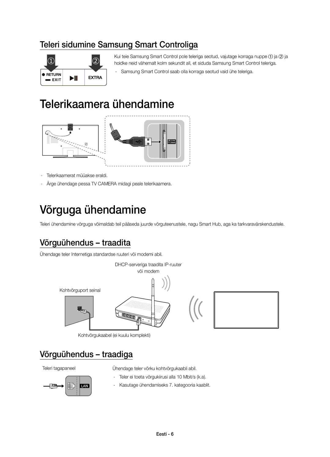 Samsung UE75JU7000LXXH manual Telerikaamera ühendamine, Võrguga ühendamine, Teleri sidumine Samsung Smart Controliga 