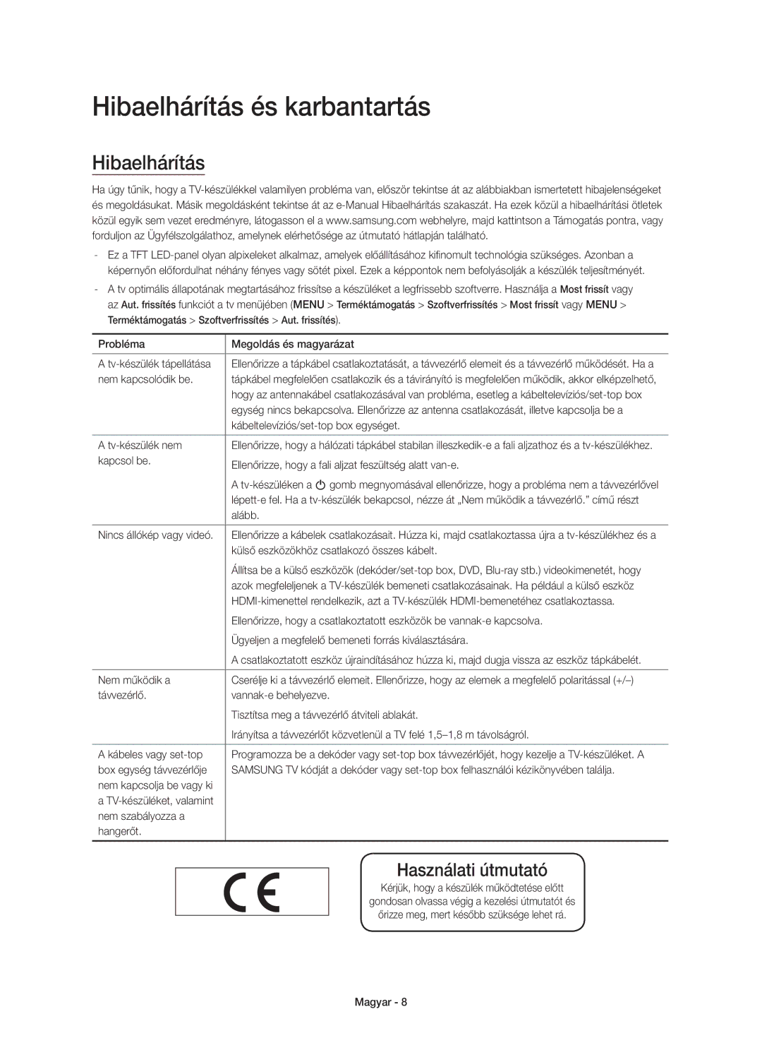 Samsung UE55JU7000LXXN, UE40JU7000LXXH, UE55JU7000LXXH, UE48JU7000LXXH, UE65JU7000LXXH manual Hibaelhárítás és karbantartás 