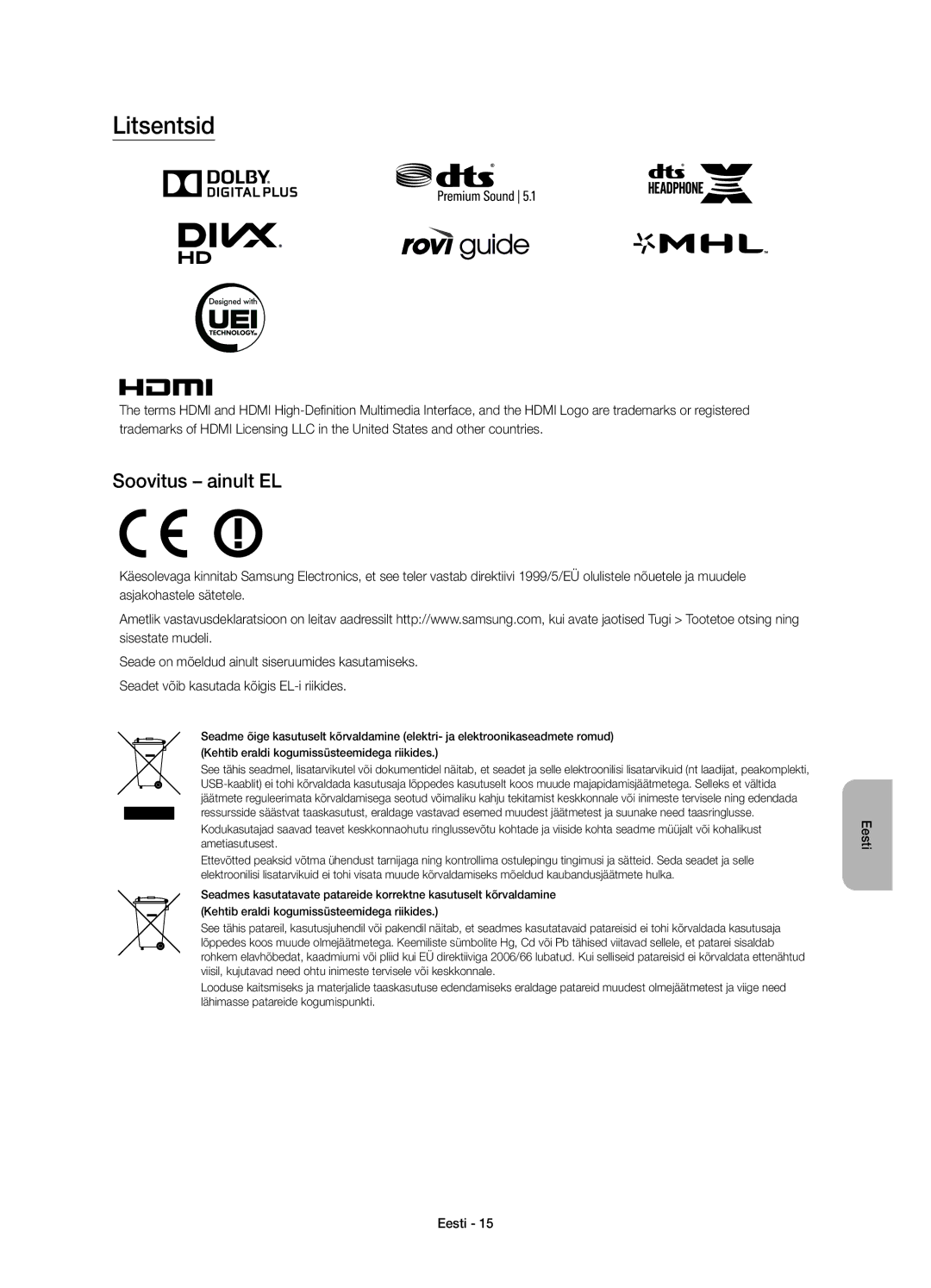 Samsung UE40JU7000LXXN, UE40JU7000LXXH, UE55JU7000LXXH, UE48JU7000LXXH, UE65JU7000LXXH manual Litsentsid, Soovitus ainult EL 