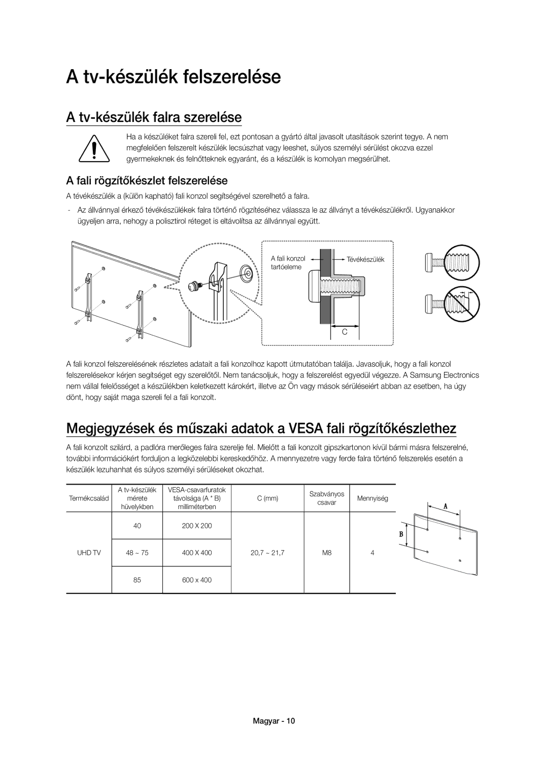 Samsung UE75JU7002TXXH manual Tv-készülék felszerelése, Tv-készülék falra szerelése, Fali rögzítőkészlet felszerelése 