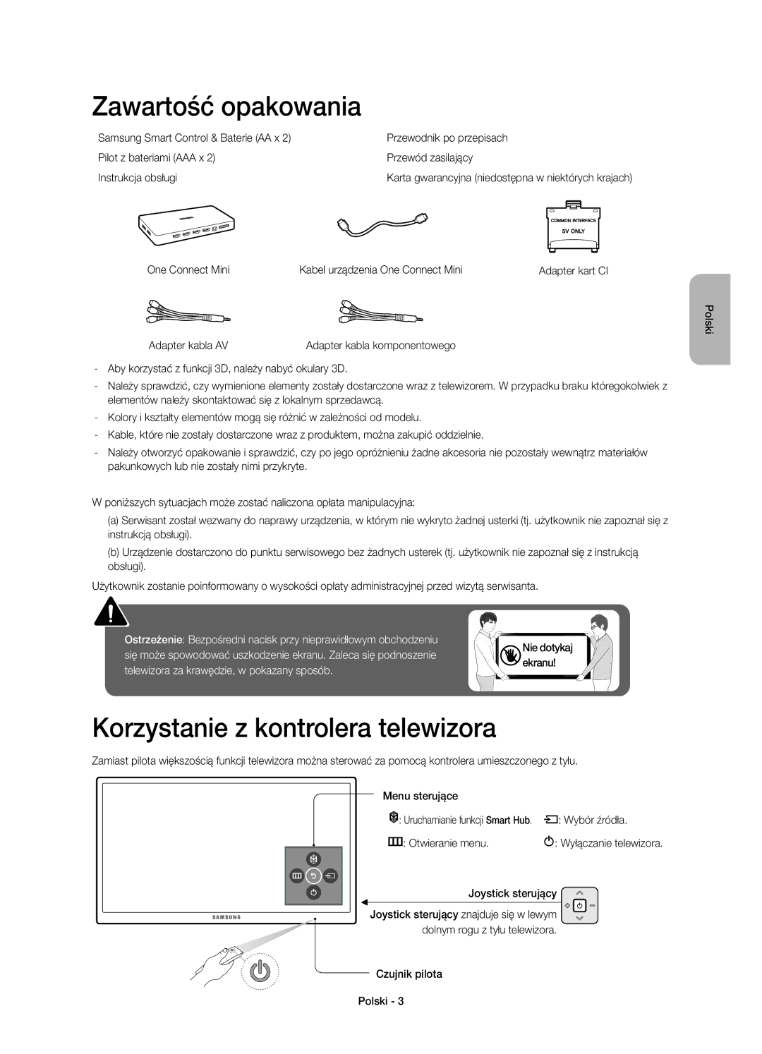 Samsung UE65JU7000LXXN, UE40JU7000LXXH, UE55JU7000LXXH manual Zawartość opakowania, Korzystanie z kontrolera telewizora 