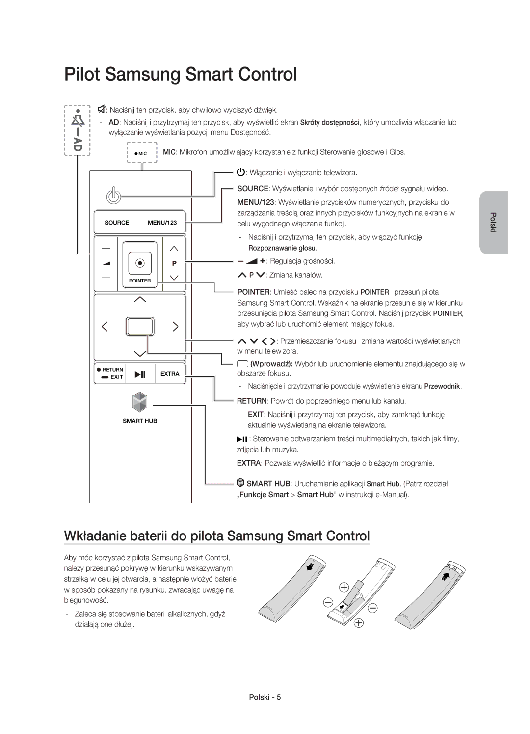 Samsung UE85JU7000LXXN Pilot Samsung Smart Control, Wkładanie baterii do pilota Samsung Smart Control, Zmiana kanałów 