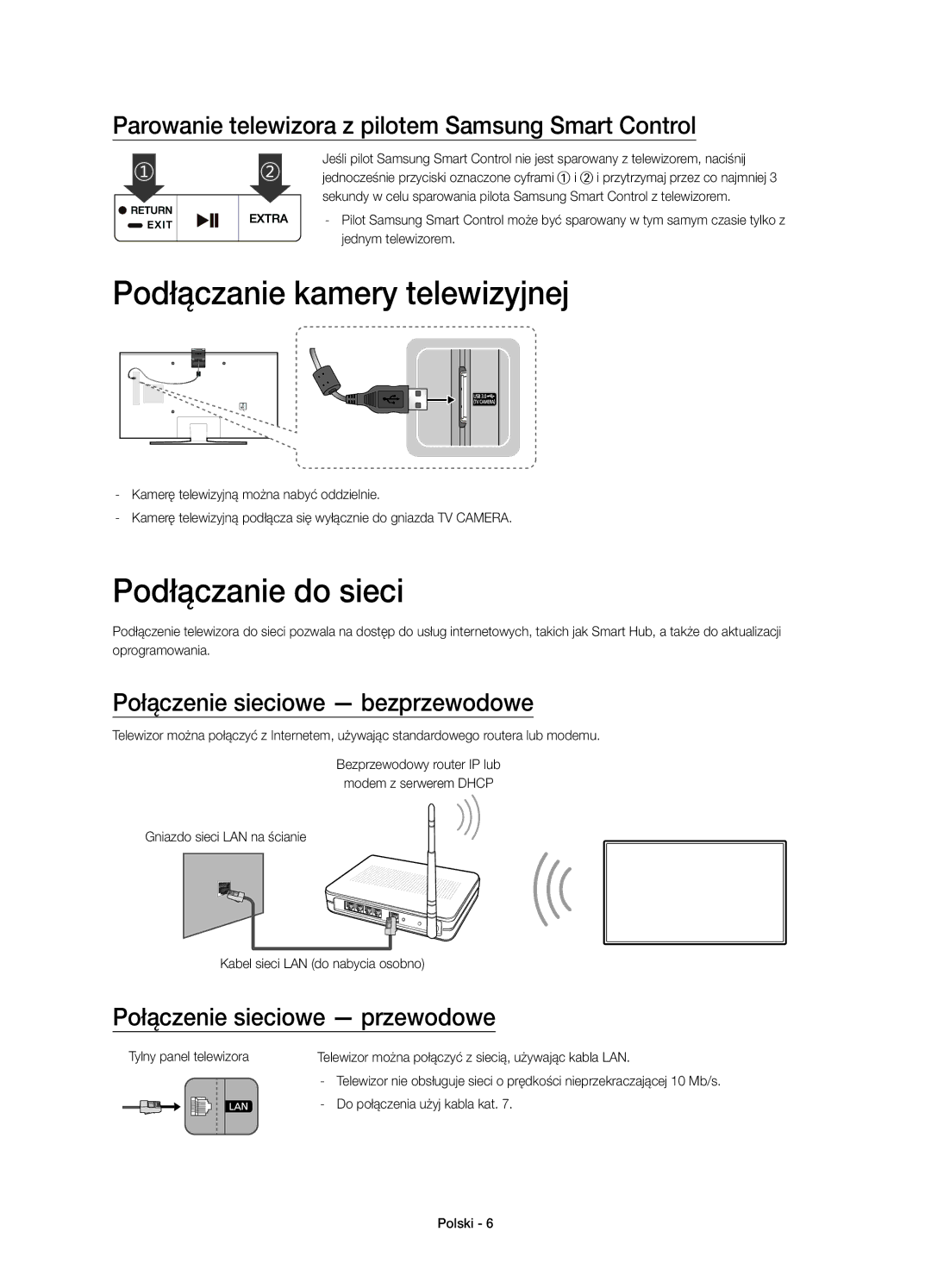 Samsung UE40JU7000LXXH manual Podłączanie kamery telewizyjnej, Podłączanie do sieci, Połączenie sieciowe bezprzewodowe 