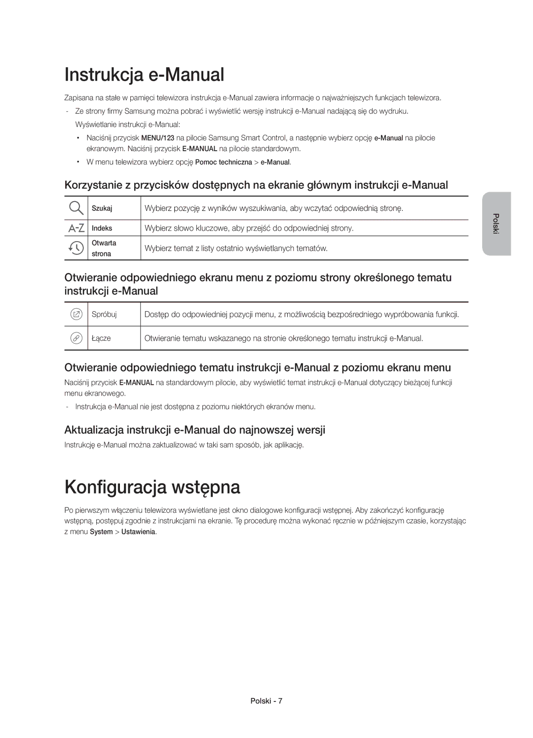 Samsung UE55JU7000LXXH Instrukcja e-Manual, Konfiguracja wstępna, Aktualizacja instrukcji e-Manual do najnowszej wersji 