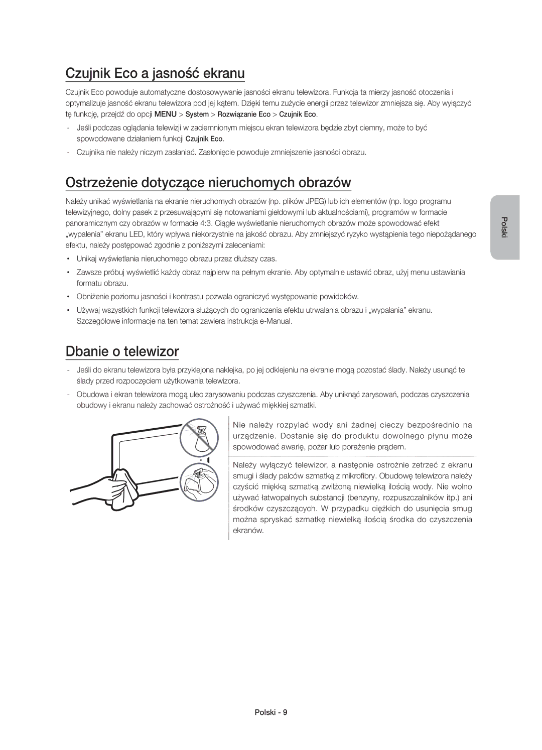 Samsung UE65JU7000LXXH manual Czujnik Eco a jasność ekranu, Ostrzeżenie dotyczące nieruchomych obrazów, Dbanie o telewizor 