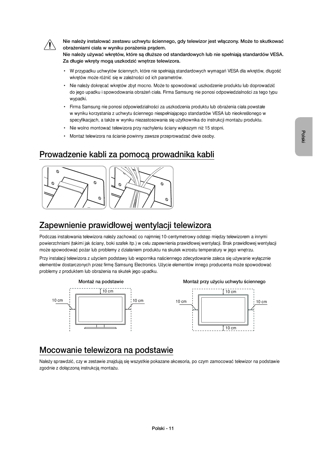 Samsung UE55JU7000LXXN, UE40JU7000LXXH, UE55JU7000LXXH, UE48JU7000LXXH, UE65JU7000LXXH manual Mocowanie telewizora na podstawie 