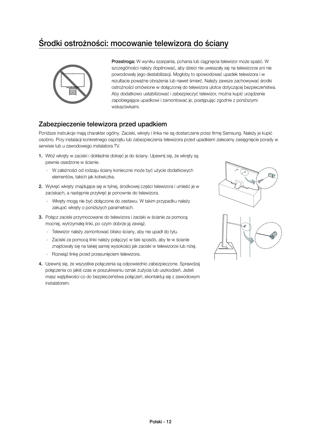 Samsung UE48JU7000LXXN manual Środki ostrożności mocowanie telewizora do ściany, Zabezpieczenie telewizora przed upadkiem 