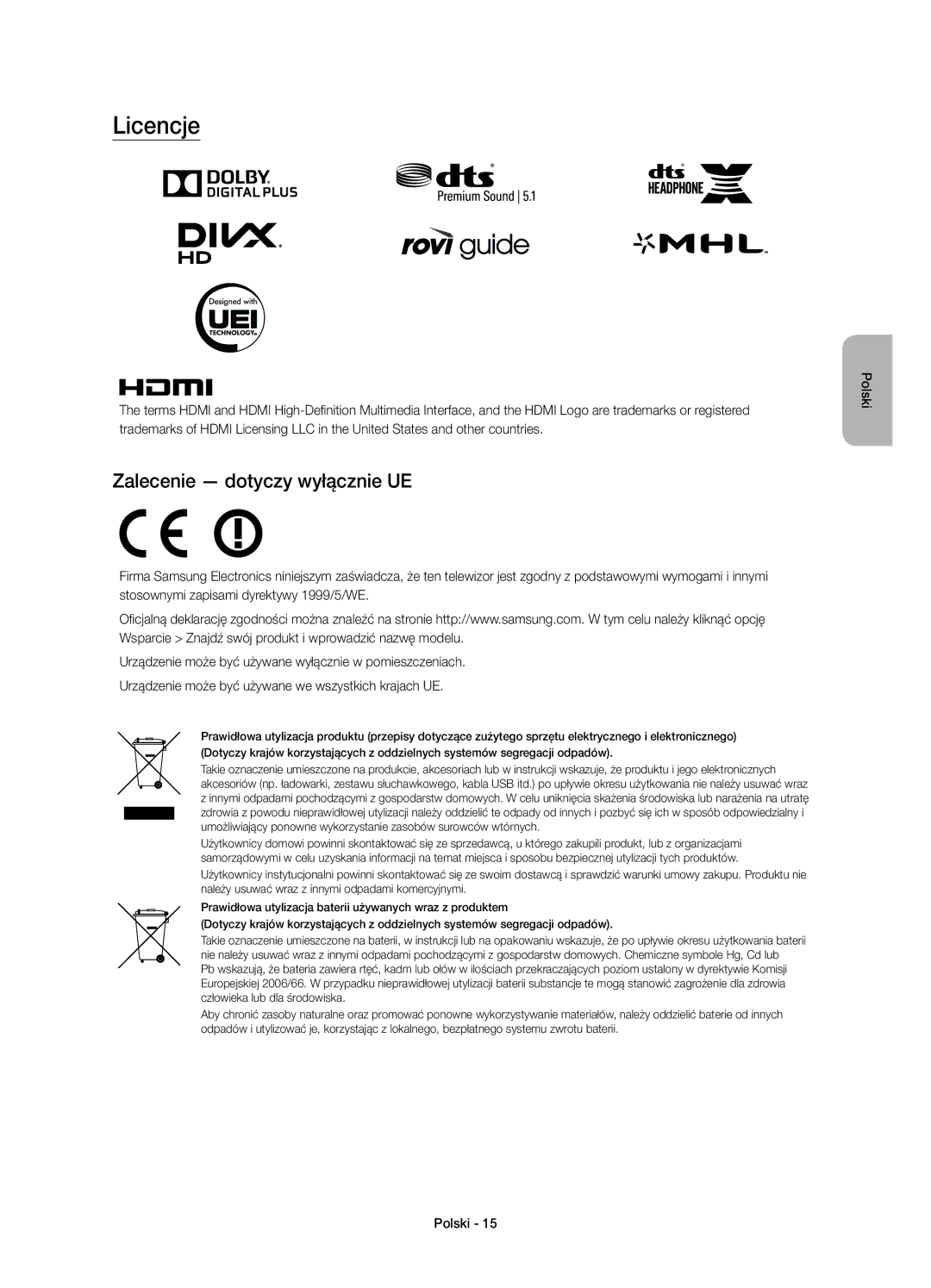 Samsung UE48JU7002TXXH, UE40JU7000LXXH, UE55JU7000LXXH, UE48JU7000LXXH manual Licencje, Zalecenie dotyczy wyłącznie UE 