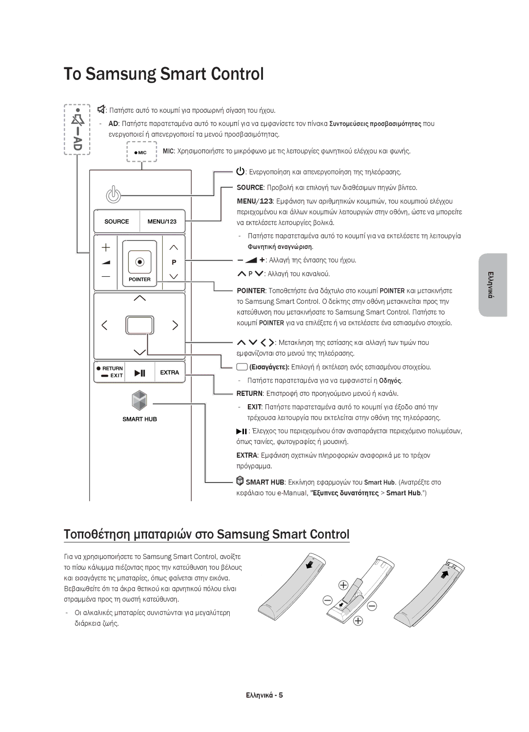 Samsung UE85JU7000LXXH, UE40JU7000LXXH manual Το Samsung Smart Control, Τοποθέτηση μπαταριών στο Samsung Smart Control 