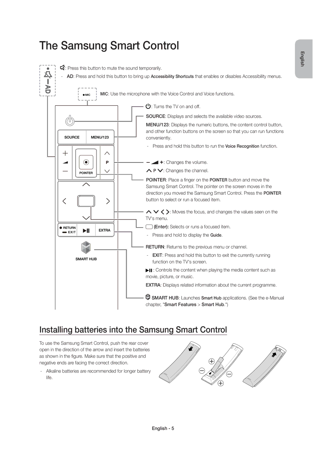 Samsung UE55JU7000LXXN, UE40JU7000LXXH, UE55JU7000LXXH manual Installing batteries into the Samsung Smart Control 