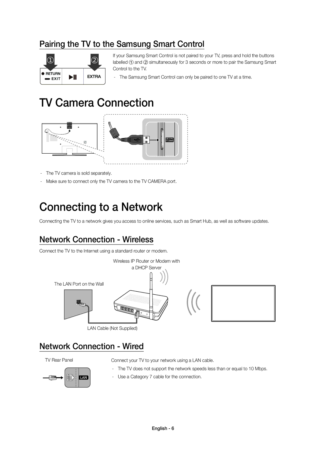 Samsung UE48JU7000LXXN manual TV Camera Connection, Connecting to a Network, Pairing the TV to the Samsung Smart Control 