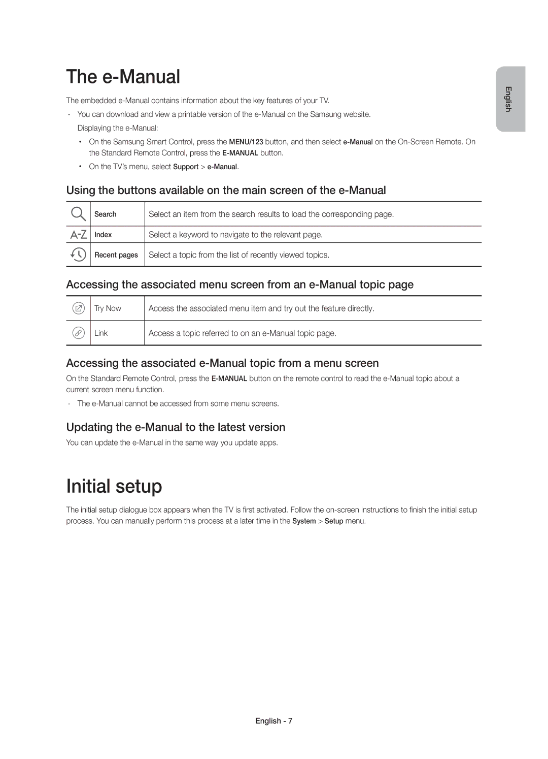 Samsung UE75JU7002TXXH manual E-Manual, Initial setup, Accessing the associated menu screen from an e-Manual topic 