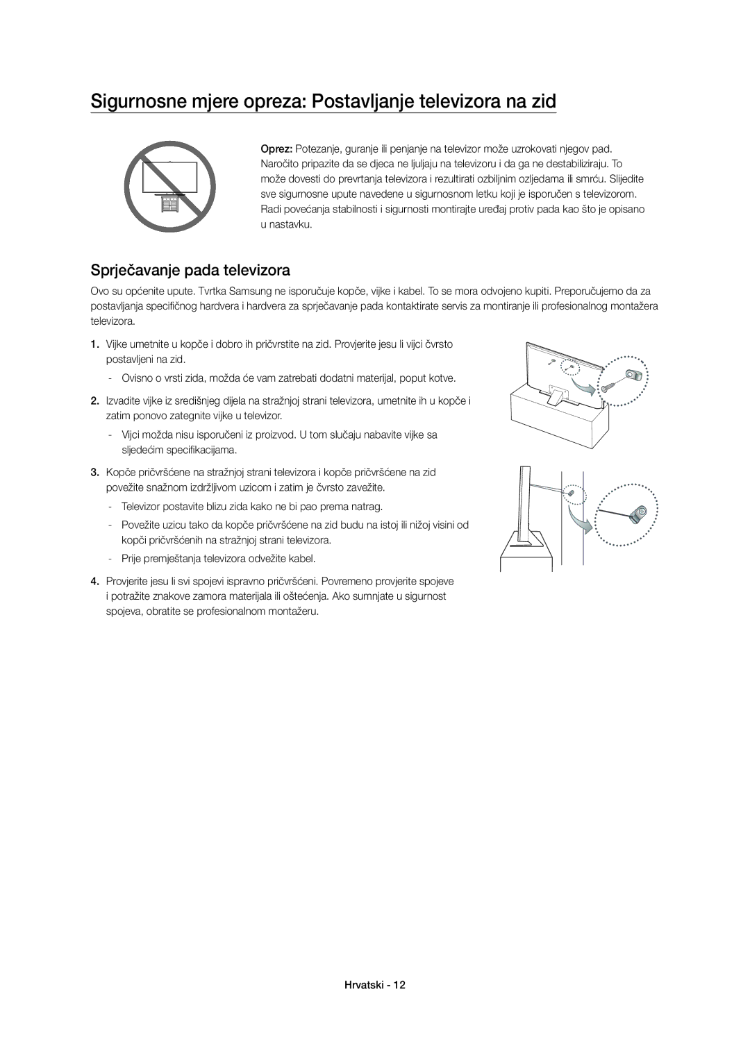 Samsung UE65JU7000LXXN manual Sigurnosne mjere opreza Postavljanje televizora na zid, Sprječavanje pada televizora 