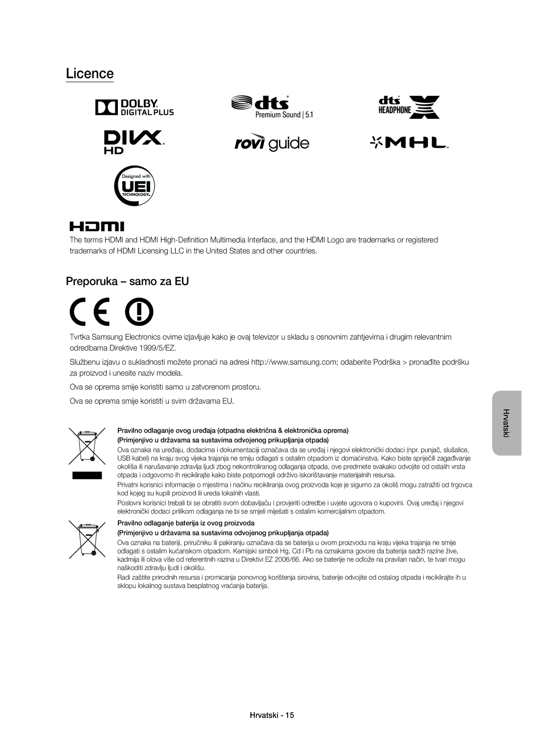 Samsung UE40JU7000LXXH, UE55JU7000LXXH, UE48JU7000LXXH, UE65JU7000LXXH, UE40JU7000LXXN manual Licence, Preporuka samo za EU 