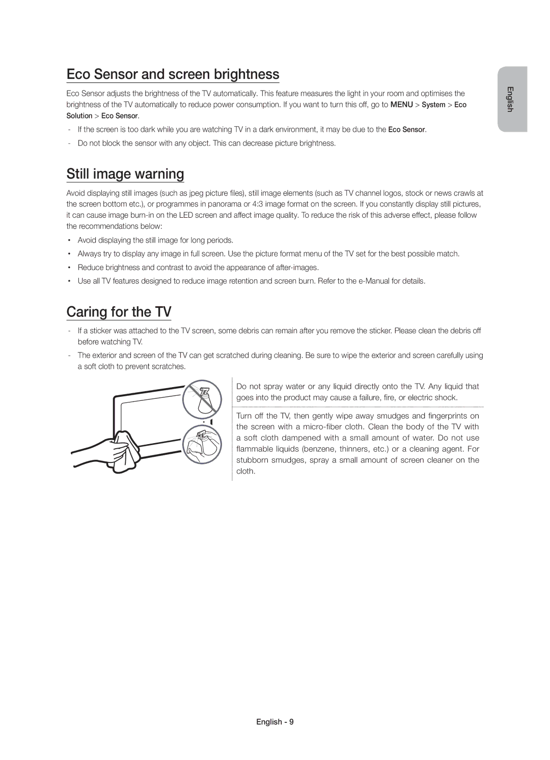 Samsung UE48JU7002TXXH, UE40JU7000LXXH manual Eco Sensor and screen brightness, Still image warning, Caring for the TV 