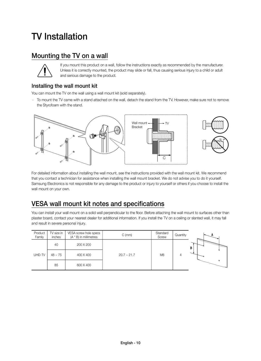 Samsung UE40JU7000TXXC manual TV Installation, Mounting the TV on a wall, Vesa wall mount kit notes and specifications 