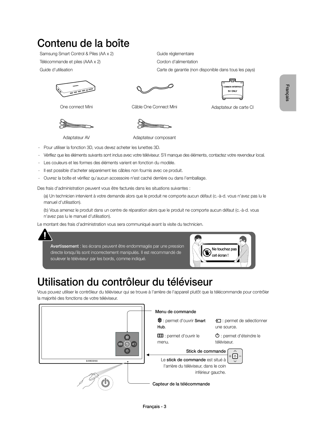 Samsung UE55JU7000TXXU manual Contenu de la boîte, Utilisation du contrôleur du téléviseur, Adaptateur AV, Une source 