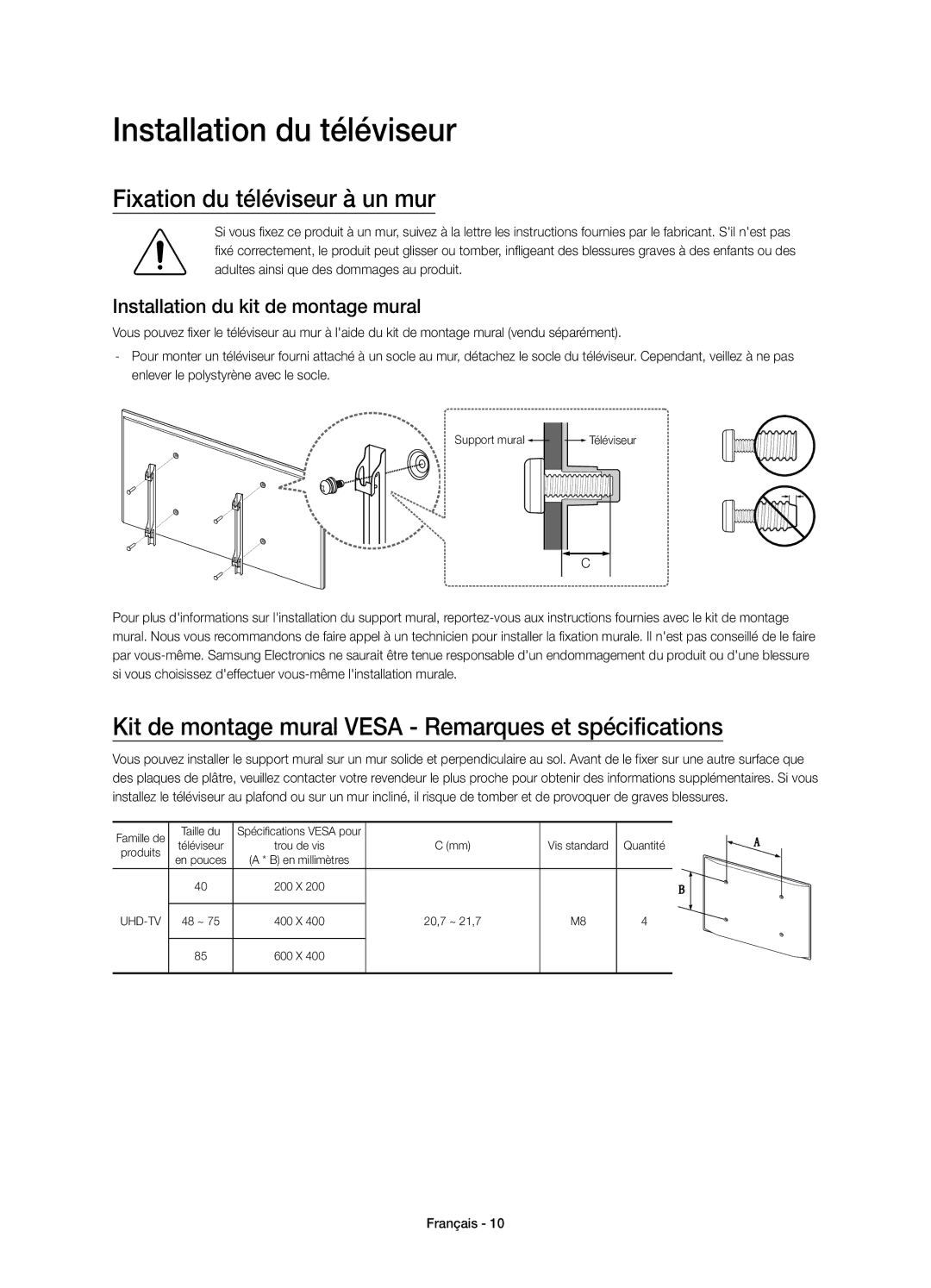 Samsung UE55JU7000TXZT Installation du téléviseur, Fixation du téléviseur à un mur, Installation du kit de montage mural 