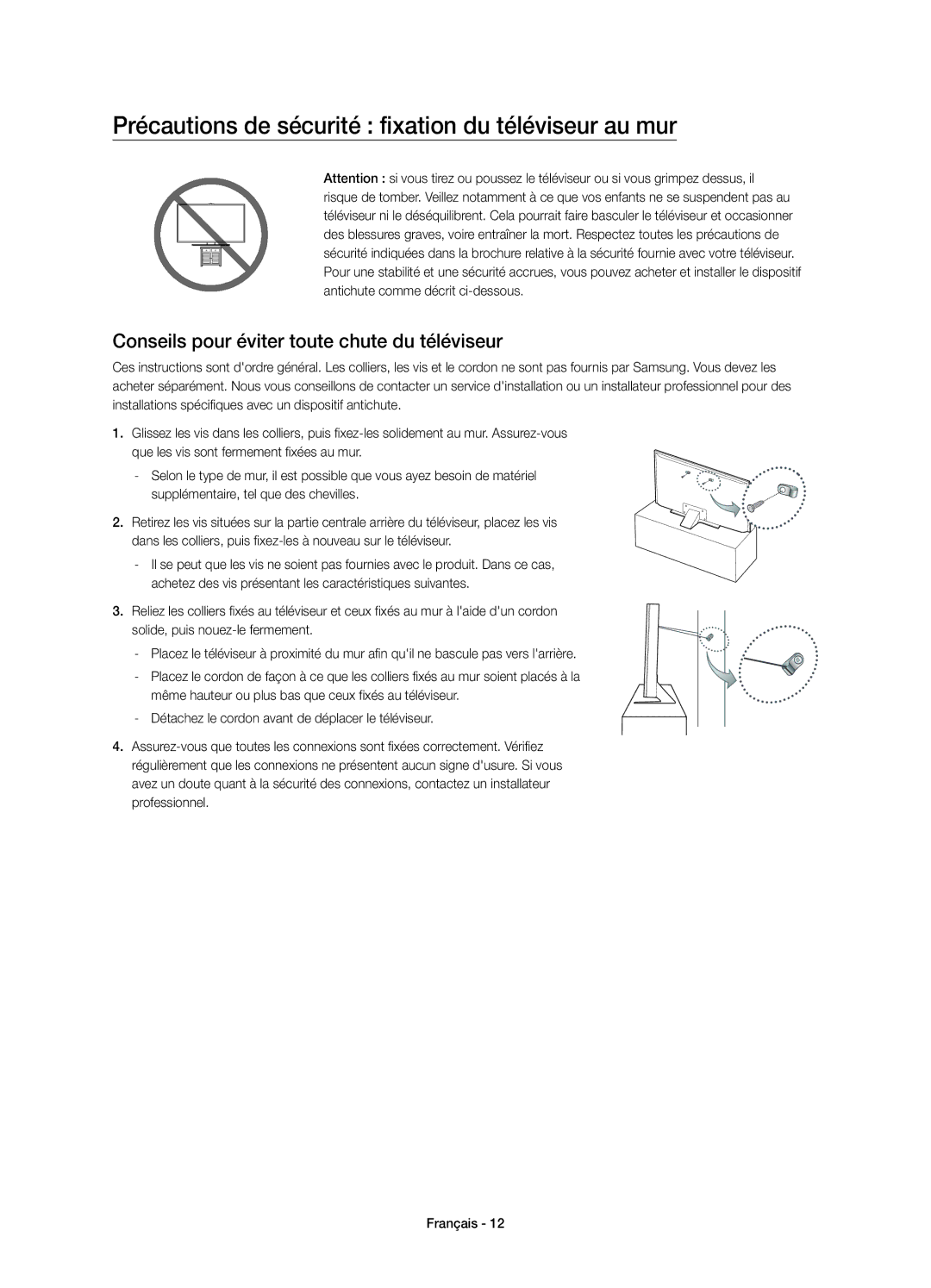 Samsung UE65JU7000TXXC, UE40JU7000TXZF, UE65JU7000TXZF, UE75JU7000TXZF Précautions de sécurité fixation du téléviseur au mur 